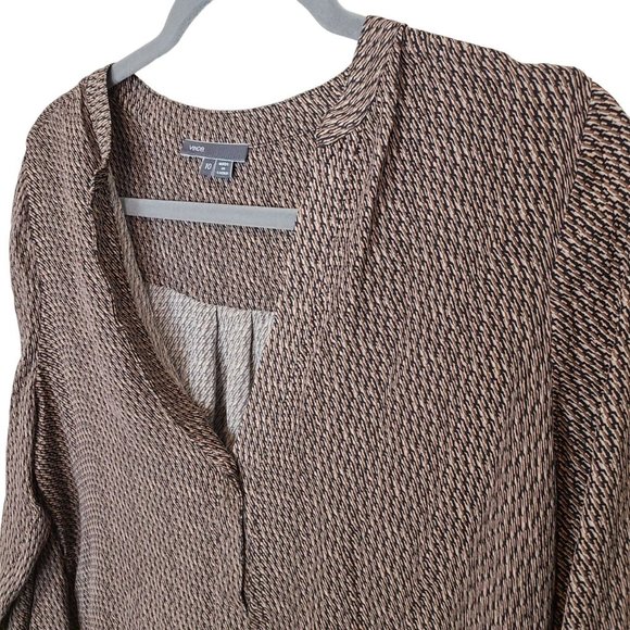 Vince Womens 10 Brown Diagonal Print Long Sleeves V-Neck Placket Silk Blouse - Picture 6 of 10